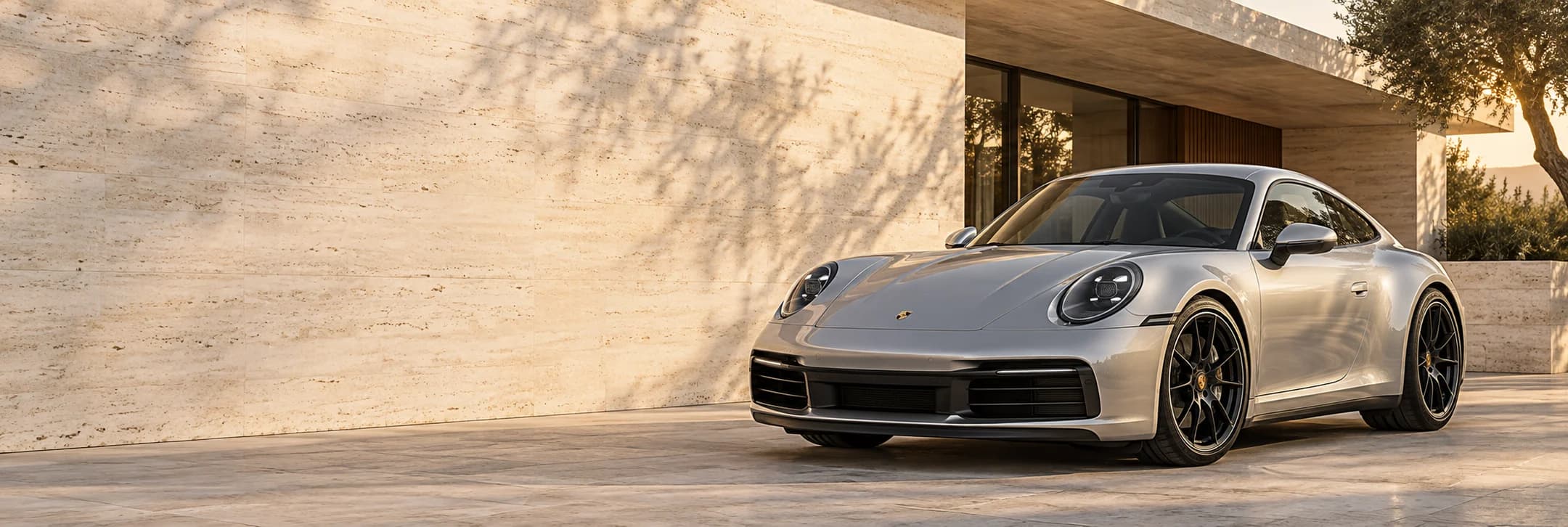 Silver sports coupe in a modern stone courtyard